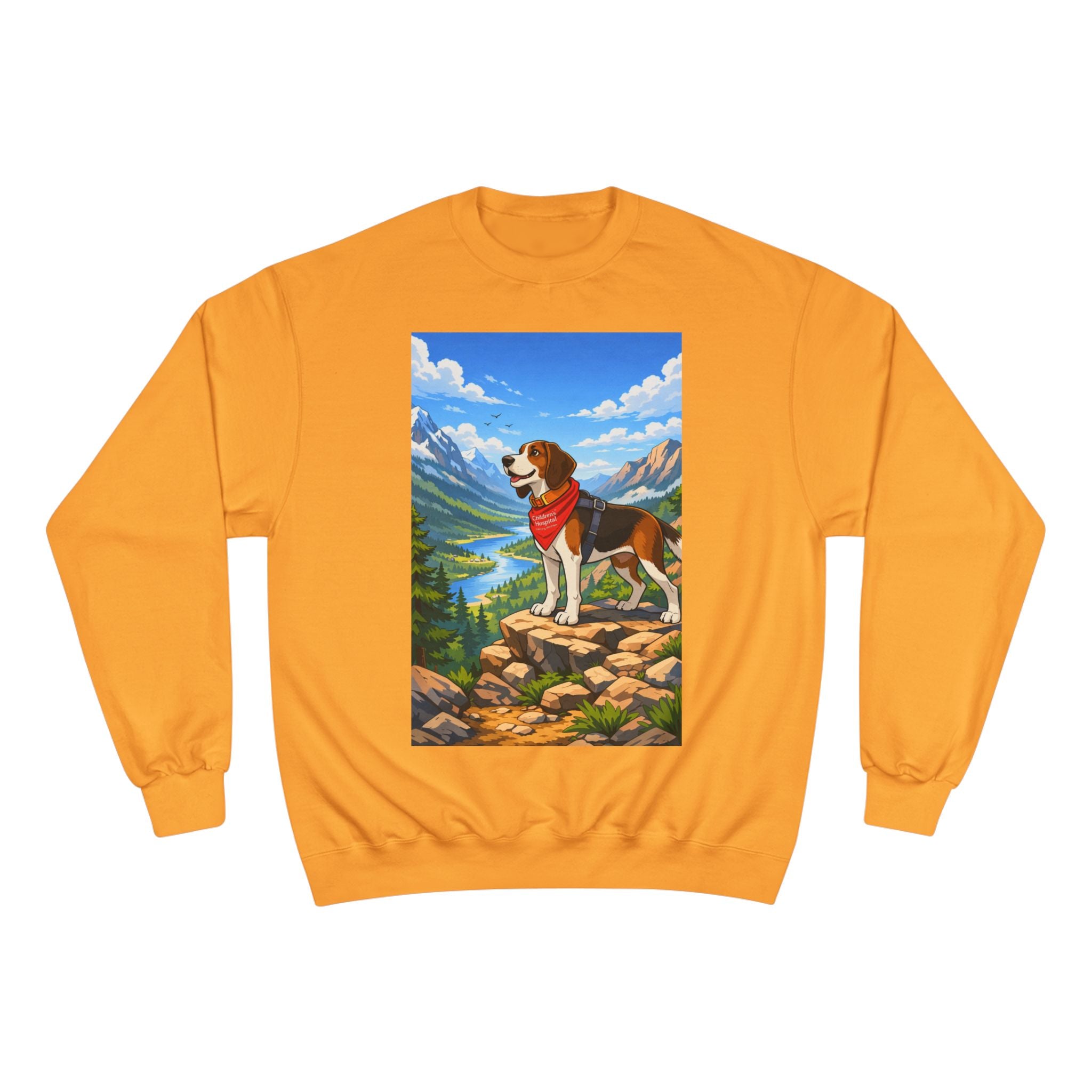 Beagle Hiking Sweatshirt — Scenic Mountain Dog Crewneck (Red Bandana)