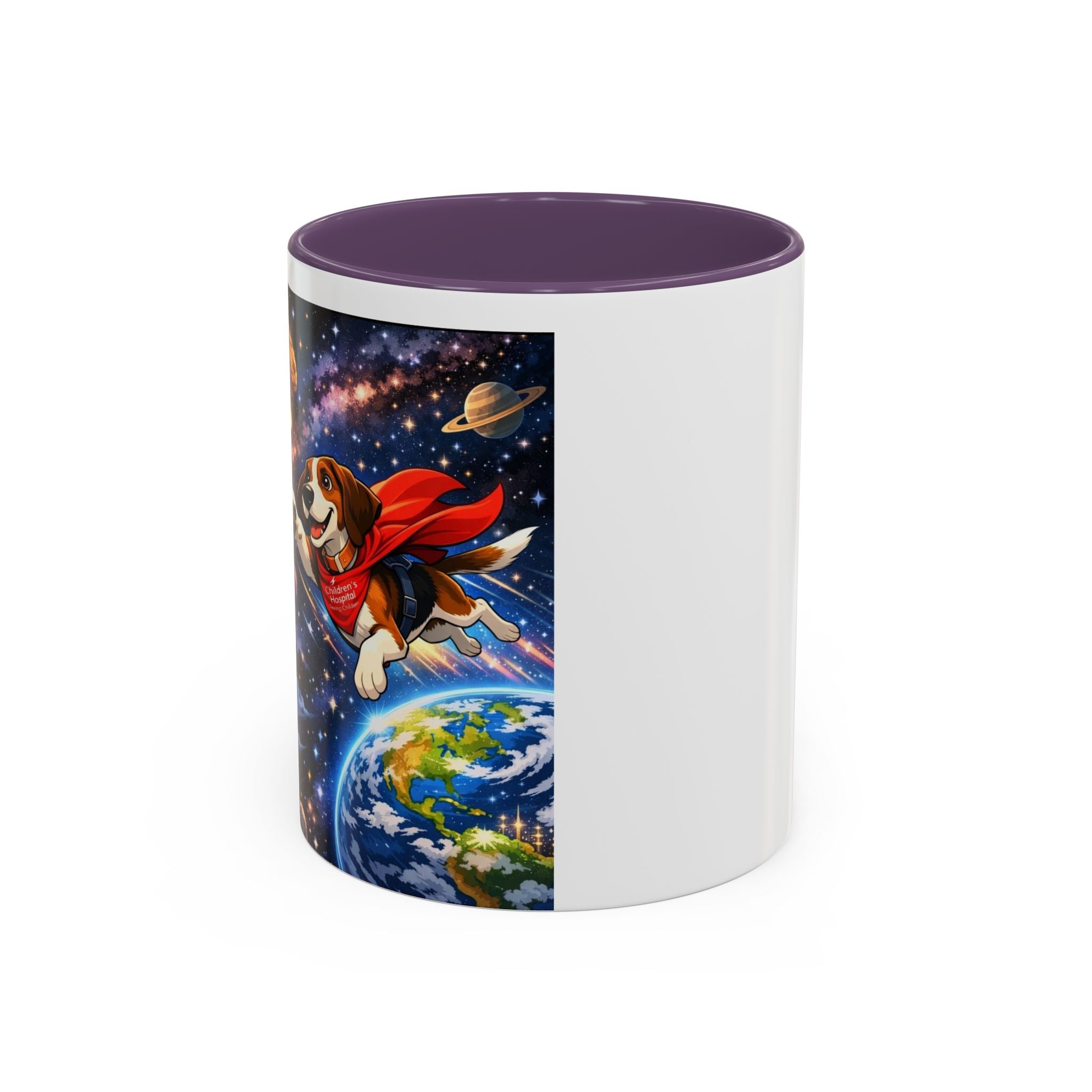 Superhero Beagle Coffee Mug — Cute Flying Dog Space Design (11/15oz)