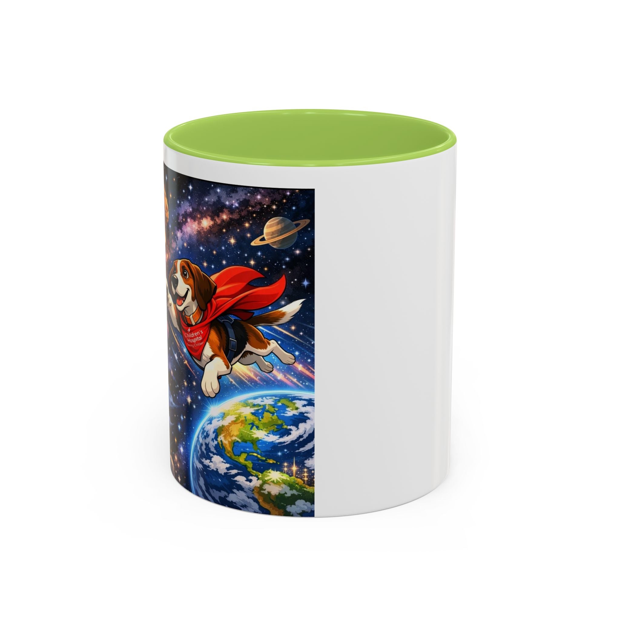 Superhero Beagle Coffee Mug — Cute Flying Dog Space Design (11/15oz)