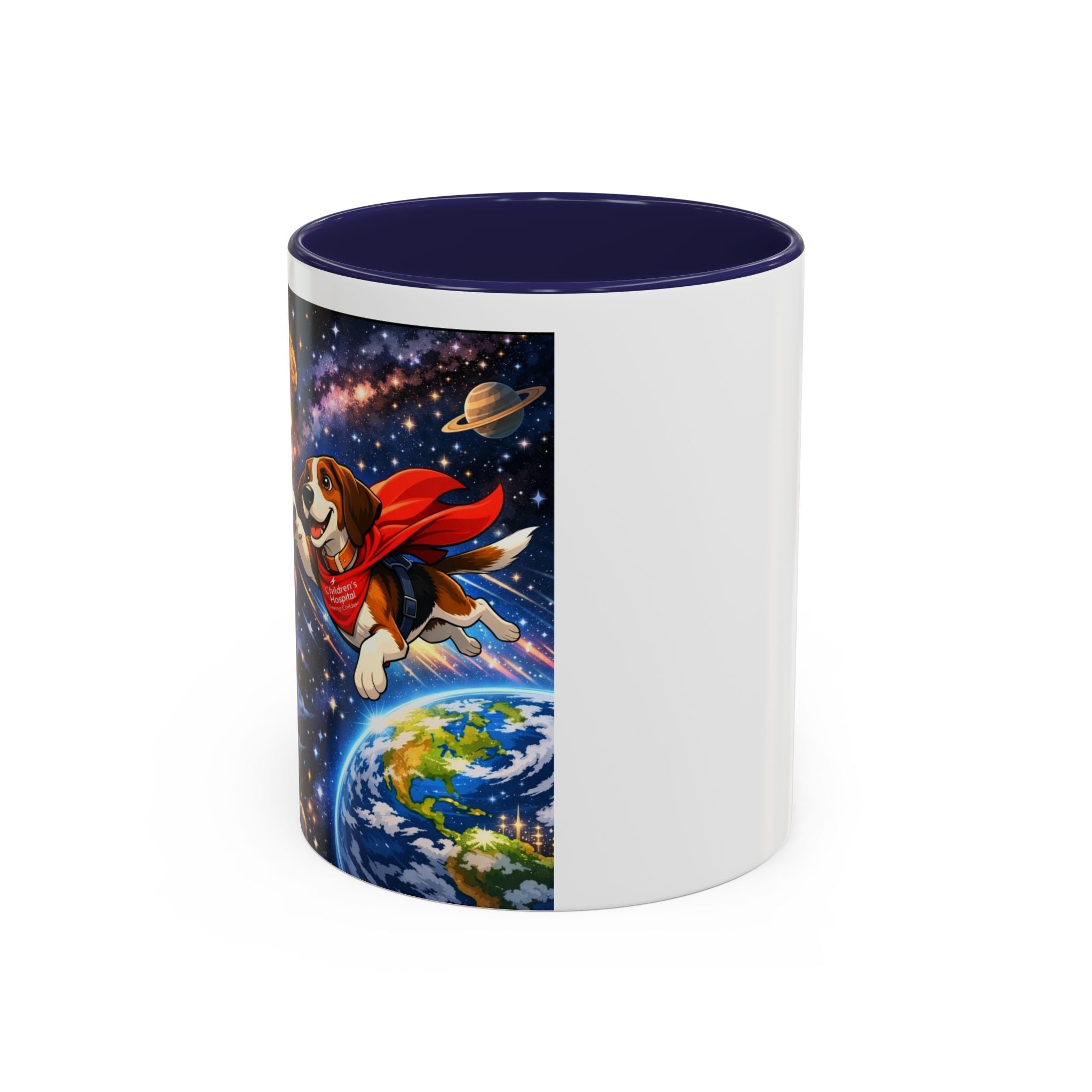 Superhero Beagle Coffee Mug — Cute Flying Dog Space Design (11/15oz)